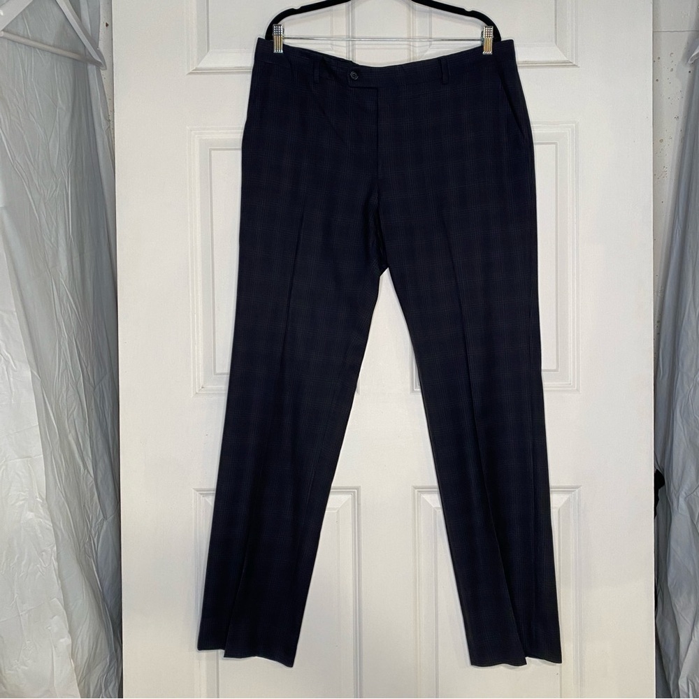 John Varvatos Grey Plaid Print Dress Pants Size 38 Flat Front with Pockets